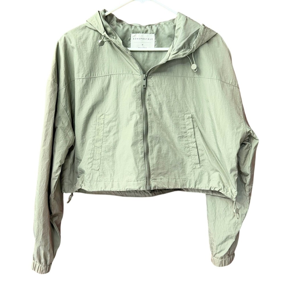 Aeropostale Jacket Womens Medium Green Cropped Hooded Windbreaker Olive Drab